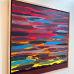 "Early Morning Sunrise", an acrylic abstract landscape painting in a frame by slate gray gallery artist Mark Bowles
