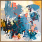 Abstract oil painting with blues, whites, oranges, and grays by slate gray gallery artist Karen Scharerbstract oil painting with blues, whites, oranges, and grays by slate gray gallery artist Karen Scharer