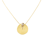 Yellow gold disk pendant with brown and white diamonds by Fringe Gallery studio jeweler Barbara Heinrich