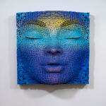 "Mask #96" a sculpture of a face made from wooden sticks and paint by slate gray gallery artist Gil Bruvel