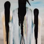 an abstract view of native americans walking off in the distance made with acrylic, resin, and feathers on canvas by slate gray gallery artist Fran J Nagy