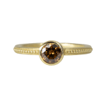 Round brown diamond ring with granulated shank and plain bezel by Fringe Gallery studio jeweler Barbara Heinrich