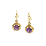 Yellow gold, grape garnet, and diamond earrings by Fringe Gallery studio jeweler Nanci Modica