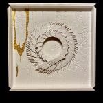 "Whiteout" a wood wall sculpture painted mostly white with a gold accent by slate gray gallery artist cie hoover