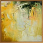 Abstract oil painting with greens, whites, oranges, and grays by slate gray gallery artist Karen Scharer