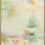 Abstract oil painting with greens, whites, oranges, and grays by slate gray gallery artist Karen Scharer