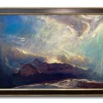 Oil painting by slate gray gallery artist Gordon brown of mountians with an abstract background