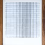 Framed blue thread on paper work by Fringe Gallery artist Rebecca Messier