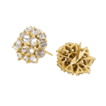 Yellow gold earrings with prong-set inverted round diamonds by Fringe Gallery studio jeweler Todd Pownell