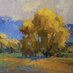 Oil on linen painting of a tree yellowing by slate gray gallery artist Julee Hutchison