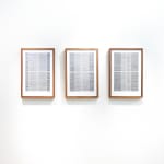 Triptych of framed blue thread on paper works by Fringe Gallery artist Rebecca Messier