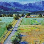 Oil on linen painting of a grass field with mountains in the background by slate gray gallery artist Julee Hutchison