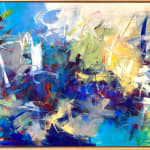 Abstract oil painting with blues, whites, greens, and yellows by slate gray gallery artist Karen Scharer