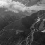 Black and white aerial image of lift 9 on telluride ski resort by slate gray gallery photographer Brett Schrekengost