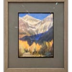A pastel painting of Ajax peak in Telluride colorado view from main street with yellow trees by slate gray gallery artist Bruce A. Gomez