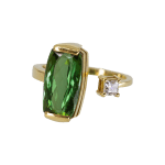 18k yellow gold ring with green tourmaline and diamond by Fringe Gallery studio jeweler Sandra Frias