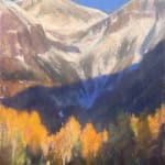 A pastel painting of Ajax peak in Telluride colorado view from main street with yellow trees by slate gray gallery artist Bruce A. Gomez