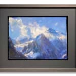 Pastel painting of a snow mountain in clouds by slate gray gallery artist Bruce A Gomez