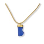 Blue Sea Glass on Gold Cap Necklace by Slate Gray gallery studio jeweler Marki Knopp
