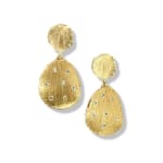 Gold double petal earrings with 14 diamonds by Slate Gray Gallery studio jeweler Barbara Heinrich