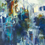 Abstract oil painting with blues, whites, oranges, and grays by slate gray gallery artist Karen Scharer