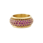 Orange, pink and deep pink sapphire big bubble band ring by Fringe Gallery studio jeweler Nanci Modica