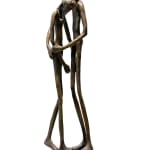 Bronze sculpture of two human like figures hugging by slate gray gallery artist Beatrice Villiger