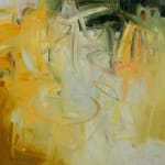 Abstract oil painting with greens, whites, oranges, and grays by slate gray gallery artist Karen Scharer