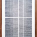Framed blue thread on paper work by Fringe Gallery artist Rebecca Messier