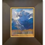 Pastel painting of a snowy mountain with yellow trees in front of it by slate gray gallery artist Bruce A. Gomez