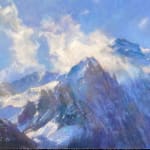 Pastel painting of a snow mountain in clouds by slate gray gallery artist Bruce A Gomez