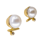 18k yellow gold earrings with pearls and diamonds by Fringe Gallery studio jeweler Sandra Frias