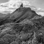 black and white panoramic photograph of lizard head mountains near Telluride, Colorado
