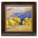 Oil on linen painting in a frame of mountains and yellow trees by slate gray gallery artist Julee Hutchison