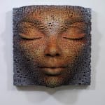 "Mask #178" a sculpture of a face made from wooden sticks and paint by slate gray gallery artist Gil Bruvel