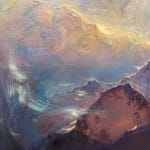 Oil painting by slate gray gallery artist Gordon brown of mountians with an abstract background