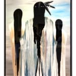 an abstract view of native americans walking off in the distance made with acrylic, resin, and feathers on canvas by slate gray gallery artist Fran J Nagy