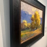 Oil on linen painting in a frame of a tree yellowing by slate gray gallery artist Julee Hutchison