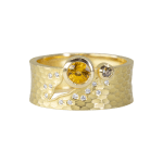 Brown diamond and yellow sapphire crevasse ring with 8mm wide band and scattered white diamonds by Fringe Gallery studio jeweler Barbara Heinrich