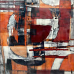 "The Distance Between", a warm tone mixed media encaustic painting by Slate Gray Gallery artist Judith Kohin