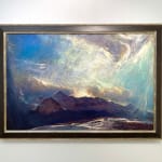 Oil painting by slate gray gallery artist Gordon brown of mountians with an abstract background