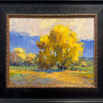 Oil on linen painting in a frame of a tree yellowing by slate gray gallery artist Julee Hutchison