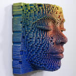 "Mask #163" a sculpture of a face made from wooden sticks and paint by slate gray gallery artist Gil Bruvel