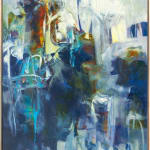 Abstract oil painting with blues, whites, oranges, and grays by slate gray gallery artist Karen Scharer