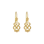 Yellow gold scroll earrings with four diamonds by Fringe Gallery studio jeweler Nanci Modica