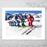 a color photograph of seven female skiers in colorful outfits posed to ski downhill