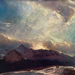 Oil painting by slate gray gallery artist Gordon brown of mountians with an abstract background