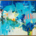 Abstract oil painting with blues, whites, pinks, and grays by slate gray gallery artist Karen Scharer