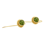 Round faceted green tourmaline and yellow gold earrings by Fringe Gallery studio jeweler Nanci Modica