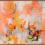 Abstract oil painting with peaches, whites, oranges, and grays by slate gray gallery artist Karen Scharer